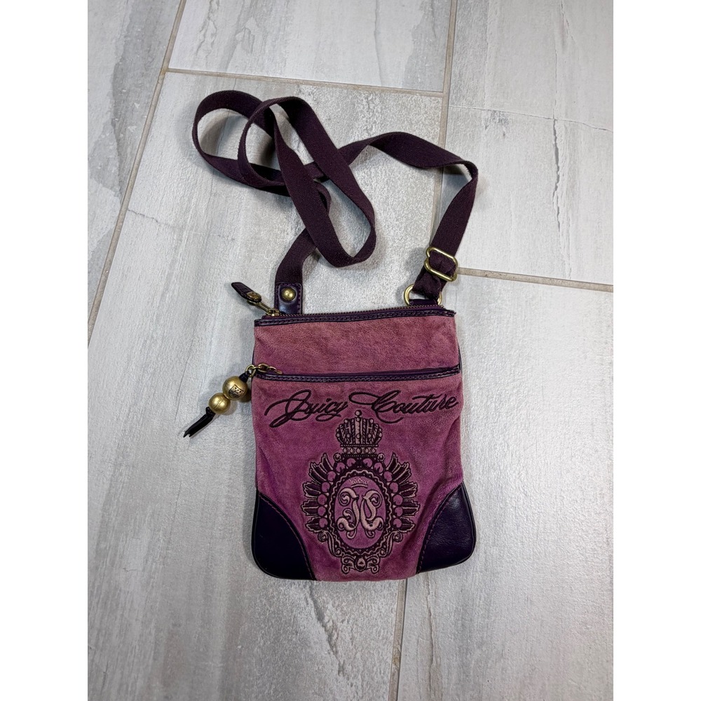 Juicy Couture Purple Velour Embroidered Crest Crossbody Bag Y2K Leather Trim